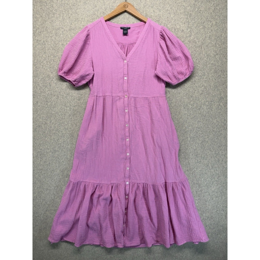Chelsea & Theodore Women's Gauze Midi Dress Pink Puff Sleeve Button Front Size L